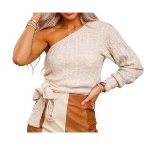 Le Lis Sweater Size Medium Tie Waist One Shoulder Oatmeal Beige Comfort Knit NEW